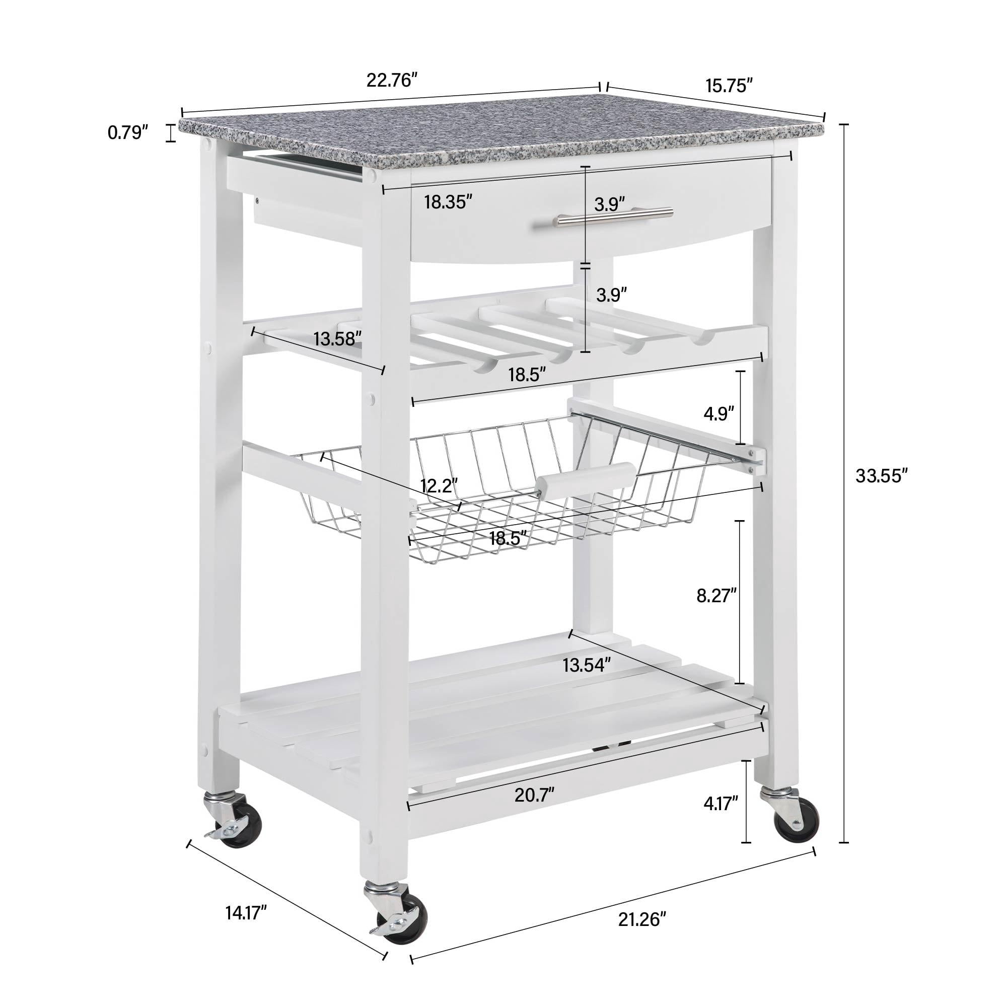 Rolling Kitchen Island Serving Cart with Underneath Drawer & Slide-Out Wire Storage Basket