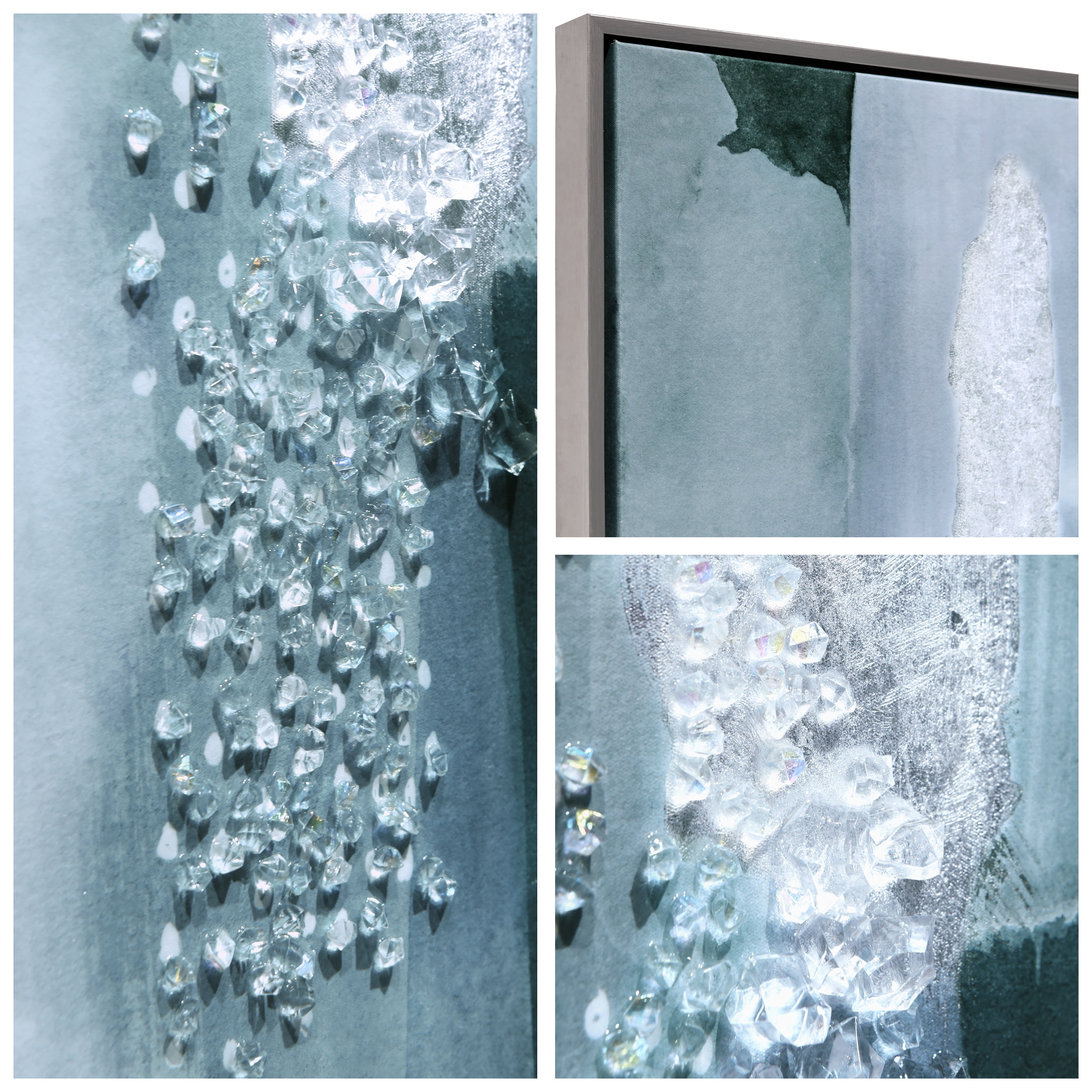 "Silver Mist I & II" Crystallus Epoxy Coated Wrapped Framed Glossy Canvas Wall Art with Heavy Acrylic Crystal Shards Embellishments, Silver Foil Accents