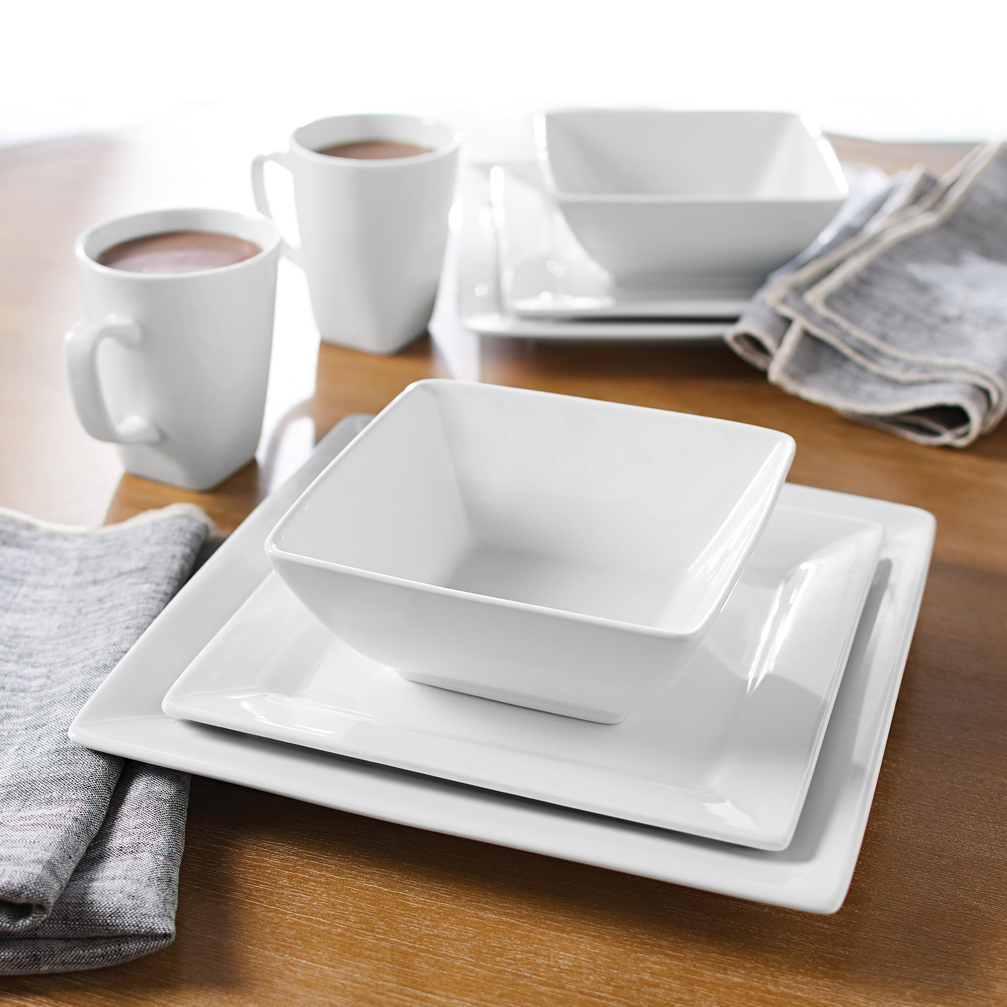 Dinnerware Set 16 Piece White Porcelain Savion Square Microwave