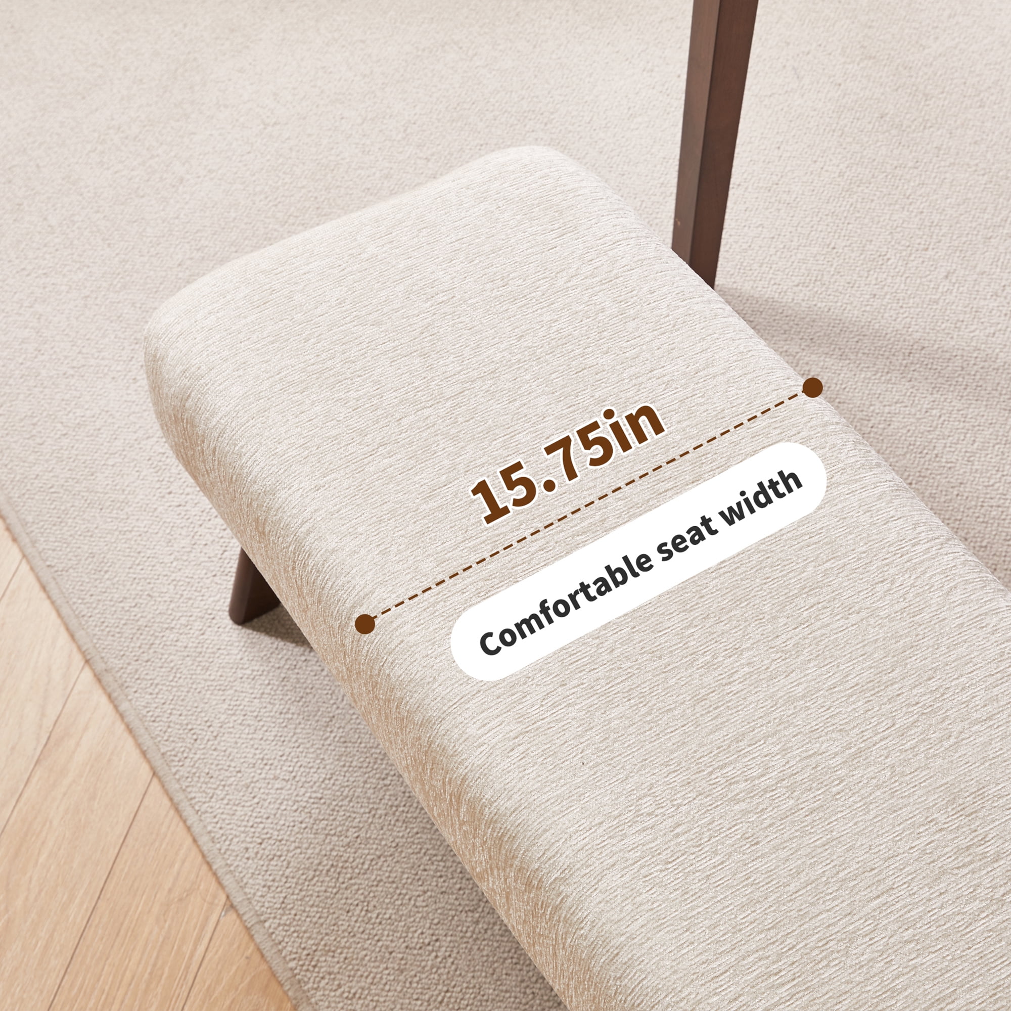 Chenille Upholstered Bench with Solid Wood Legs, White, 38.19 in x 15.75 in x 16.93 in