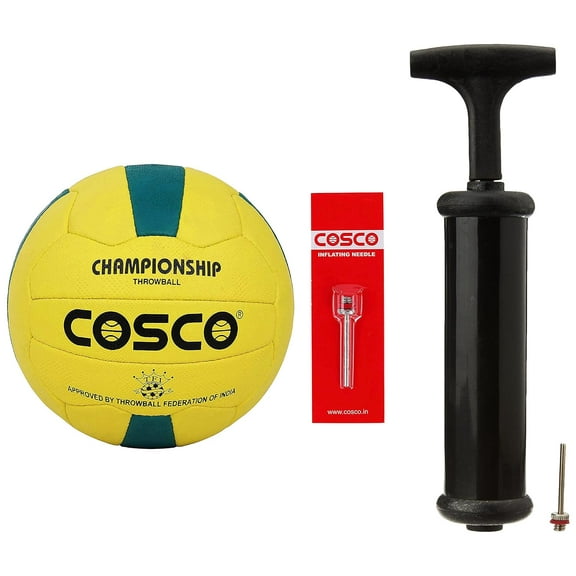 Cosco 17007 Rubber THROW BALL, Size 5 | Ball   Ball Pump | Yellow & Green | Constructed From 18 Panels Aerodynamic | Needle Included In Pump
