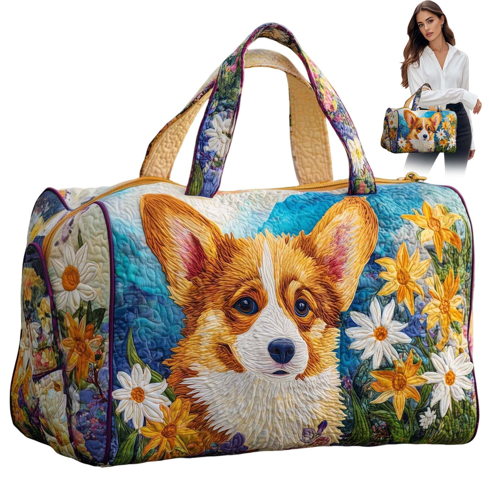 Dwellin Tote Bag for Women Lightweight Puffy Quilted Canvas Handbags Cute Dog Cat Print Shoulder Top Handle Satchel for Work Travel Q-L 18X9X9