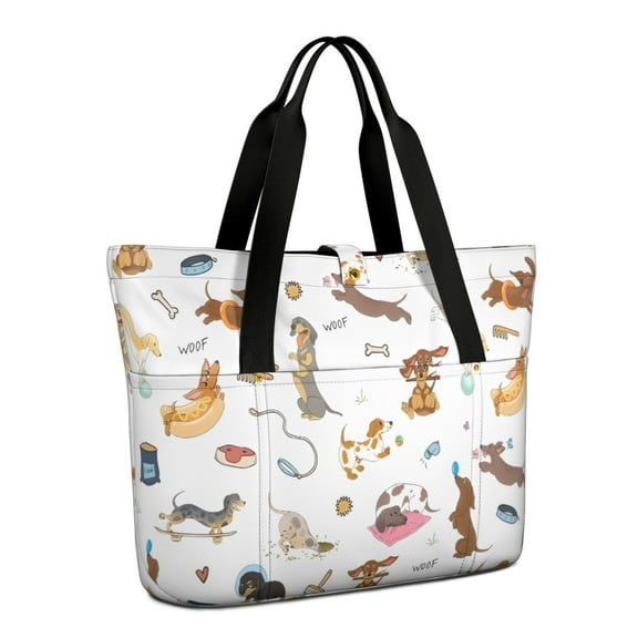 Tote Bag for Women - Cartoon Dachshund Shoulder Bag - Large Utility Work Duffle Bag with Zipper Handbag for Travel, Work, Sprots