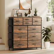 GIKPAL 10 Drawer Fabric Dresser for Bedroom, Chest of Drawers Dressers with Side Pocket and Hook Organizer Storage Dressers for Living Room,, Brown