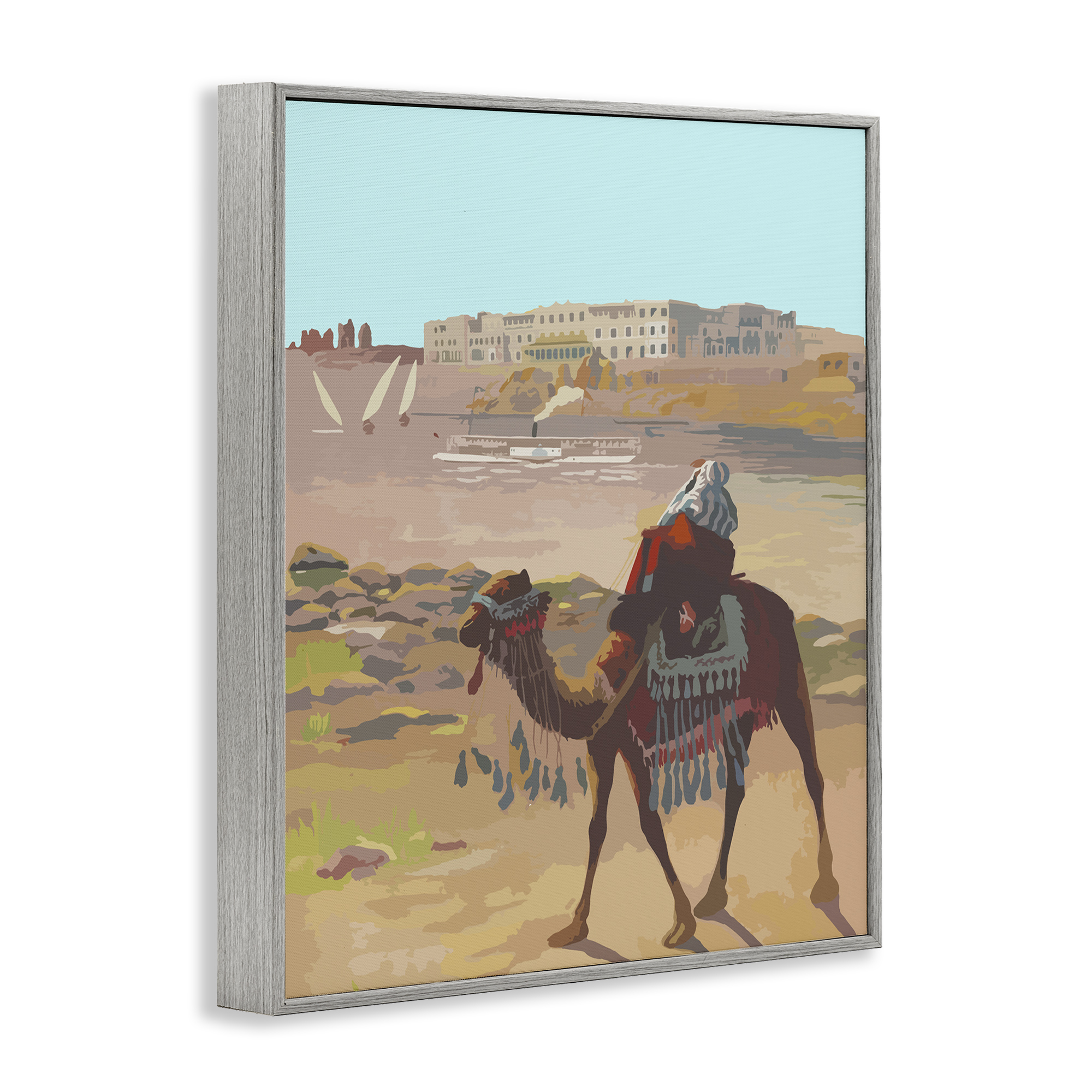 Stupell Industries Camel in Desert Town Landscape Painting Gray Framed Art Print Wall Art, 24 x 30
