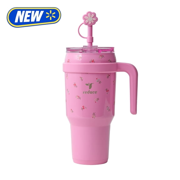 Reduce 40oz Cold1 Travel Mug with Straw and Straw Topper, Lid & Travel Handle, Insulated Stainless Steel, Rosy Blooms
