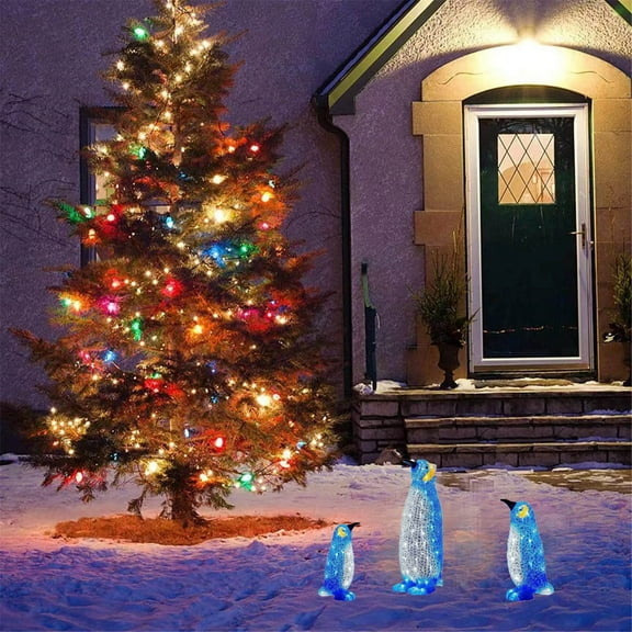ABPWLY Home Lighted Penguin Christmas Outdoor Yard Decorations Glittered Pre-Lit Artificial Penguins with LED Lights Three Sizes Decor