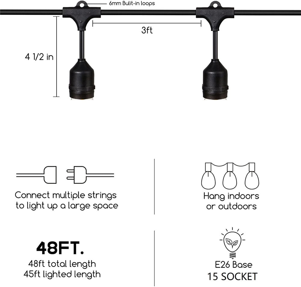 LINKPAL 48FT 15 LED Socket Outdoor Waterproof Commercial Grade Patio String Light Without bulbs