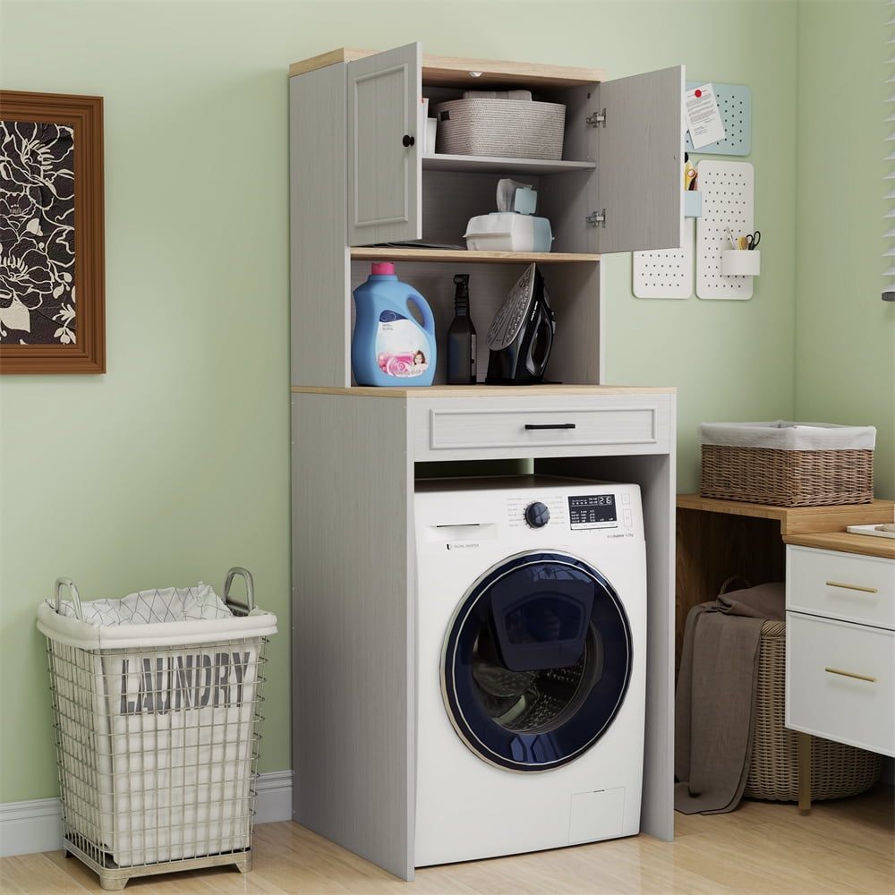 YINGYING  Over The Washer and Dryer Storage Shelf, Wooden Laundry Room Storage Organizer with 1 Door & Adjustable Shelf