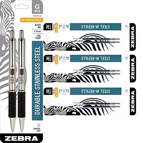 Zebra Pen G-402 Stainless Steel Retractable Gel Pen & Refills, Fine Point,  0.5mm, Black Ink, 2 Pens and 6 Refills
