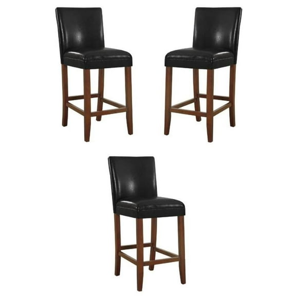 Home Square 29" Traditional Wood and Faux Leather Barstool in Black - Set of 3