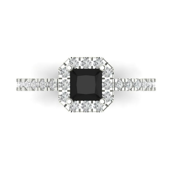 0.89 ct Princess Cut Natural Onyx with Simulated Diamond Halo Accents 14K White Gold Womens Engagement Ring