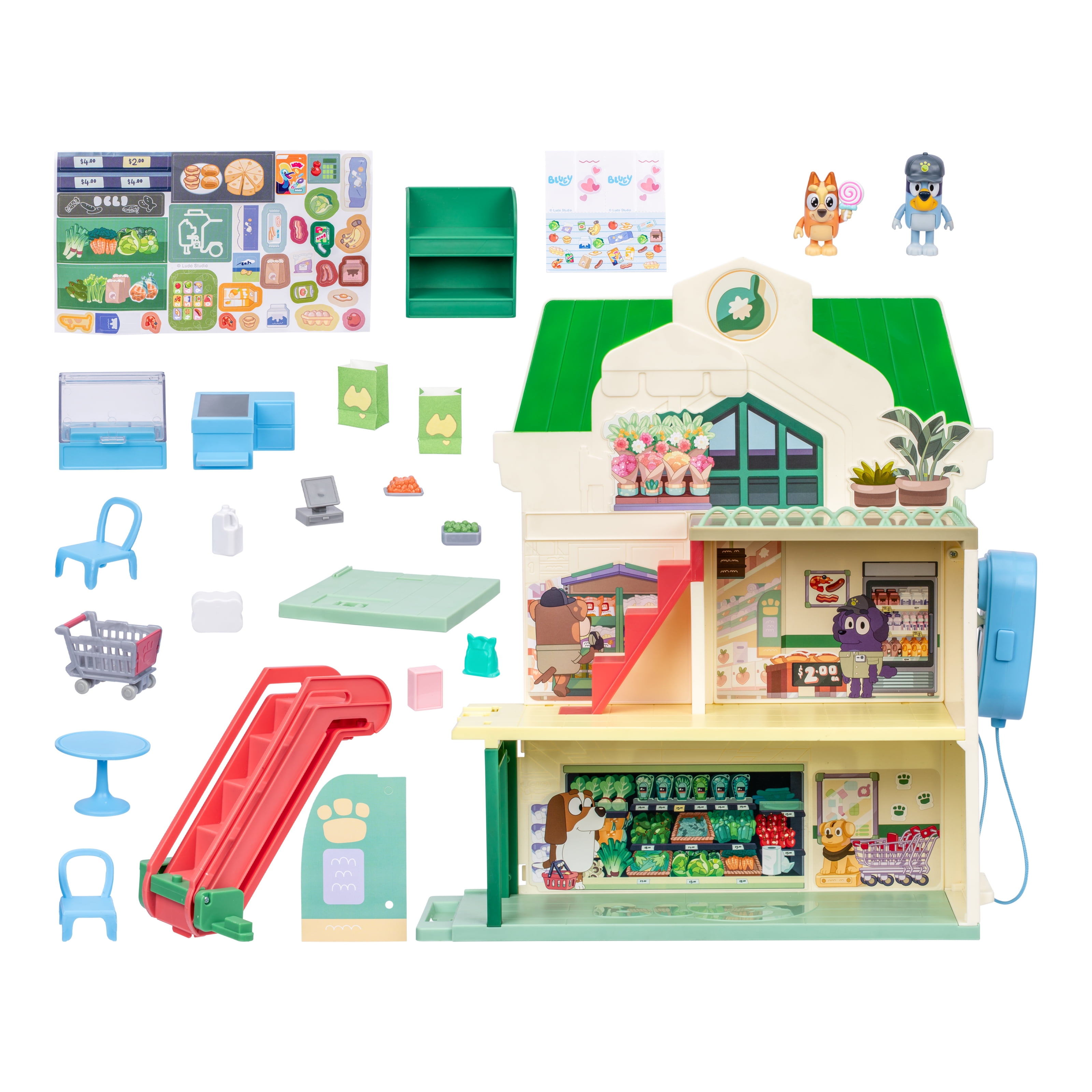 Bluey Supermarket Playset, 3 Different Levels with Exclusive Bluey and Bingo Figures. 24 Sounds and 15+ Play Pieces Plus Fun Intercom, Ages 3+
