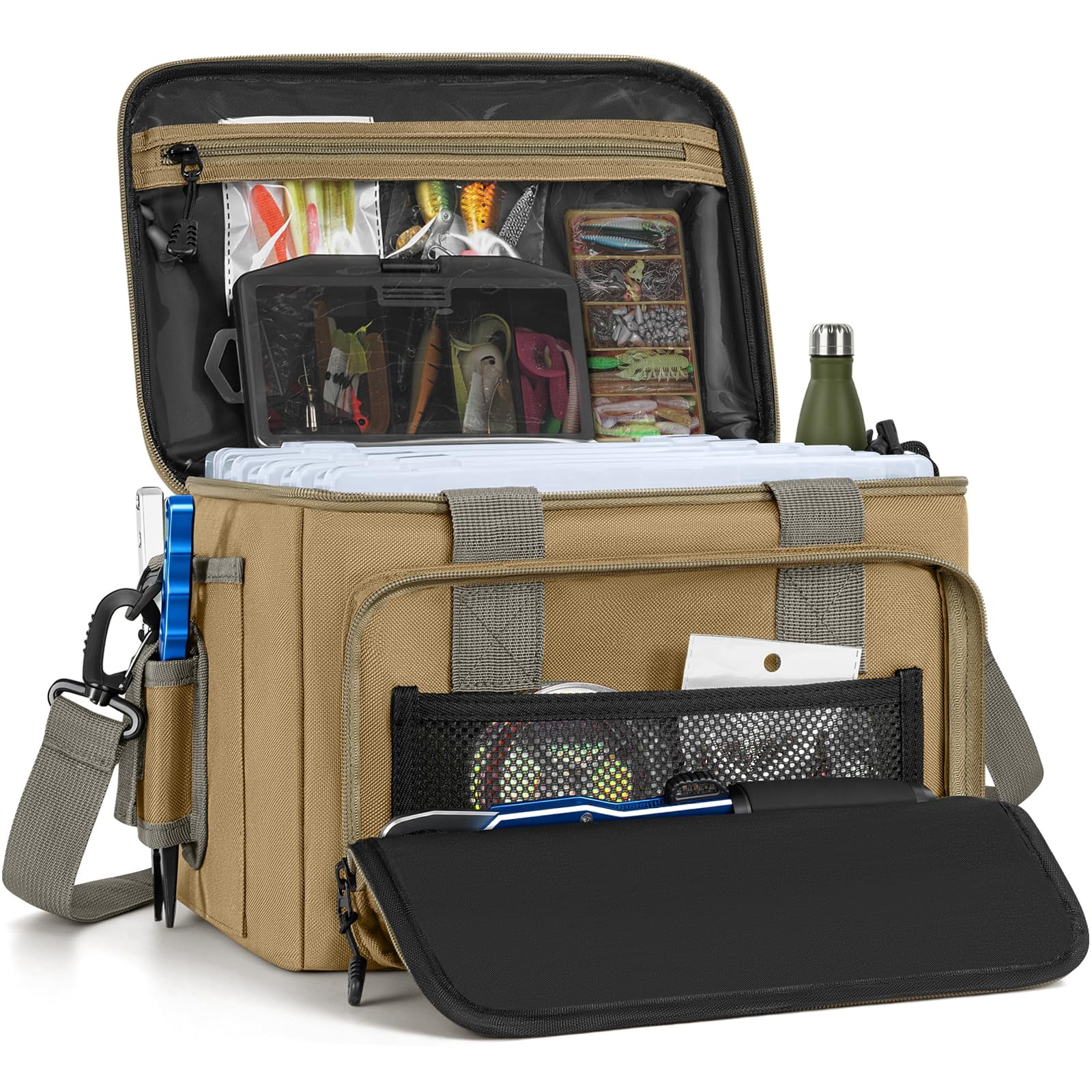 Fishing Tackle Bags Empty Water Resistant Bag Fits 3600 Lure Box Portable Saltwater Freshwater With Padded Shoulder Strap & Tool Holder Outdoor Storage For Anglers(khaki