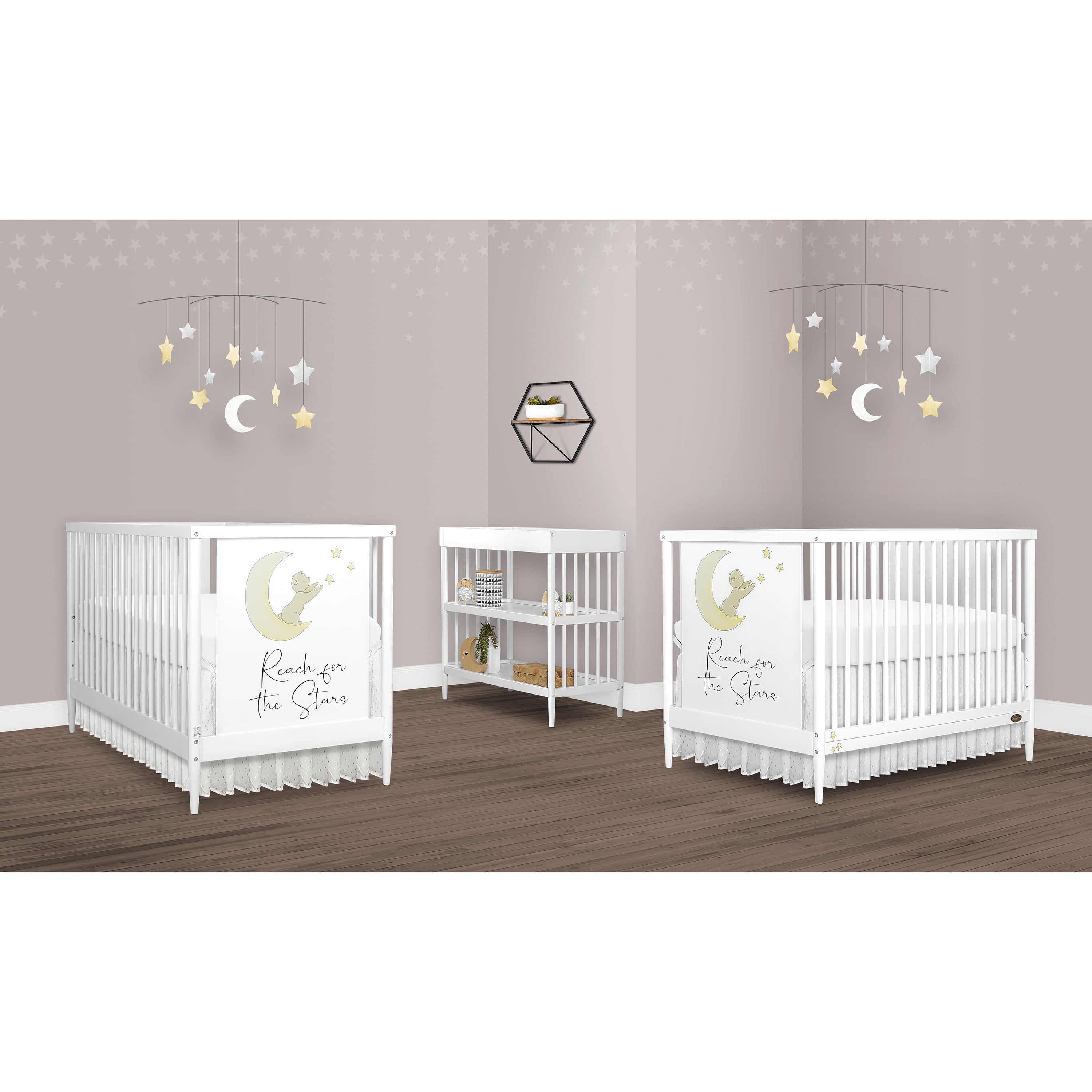 Dream On Me Moon Bear Reaching For The Stars 4 In 1 Modern Island crib With Rounded Spindles I Convertible Crib I Hand Printed Mural On One End Panel I Mid- Century Meets Modern in White Finish