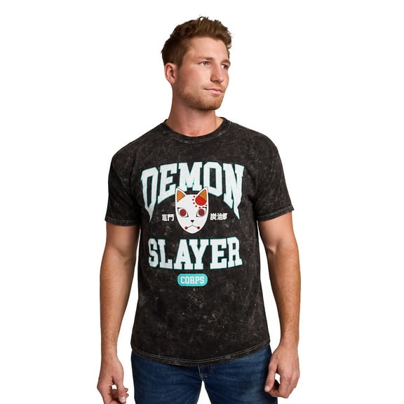 Demon Slayer Tanjiro Fox Mask Men's Black Mineral Wash Crew Neck Short Sleeve T-shirt-Small