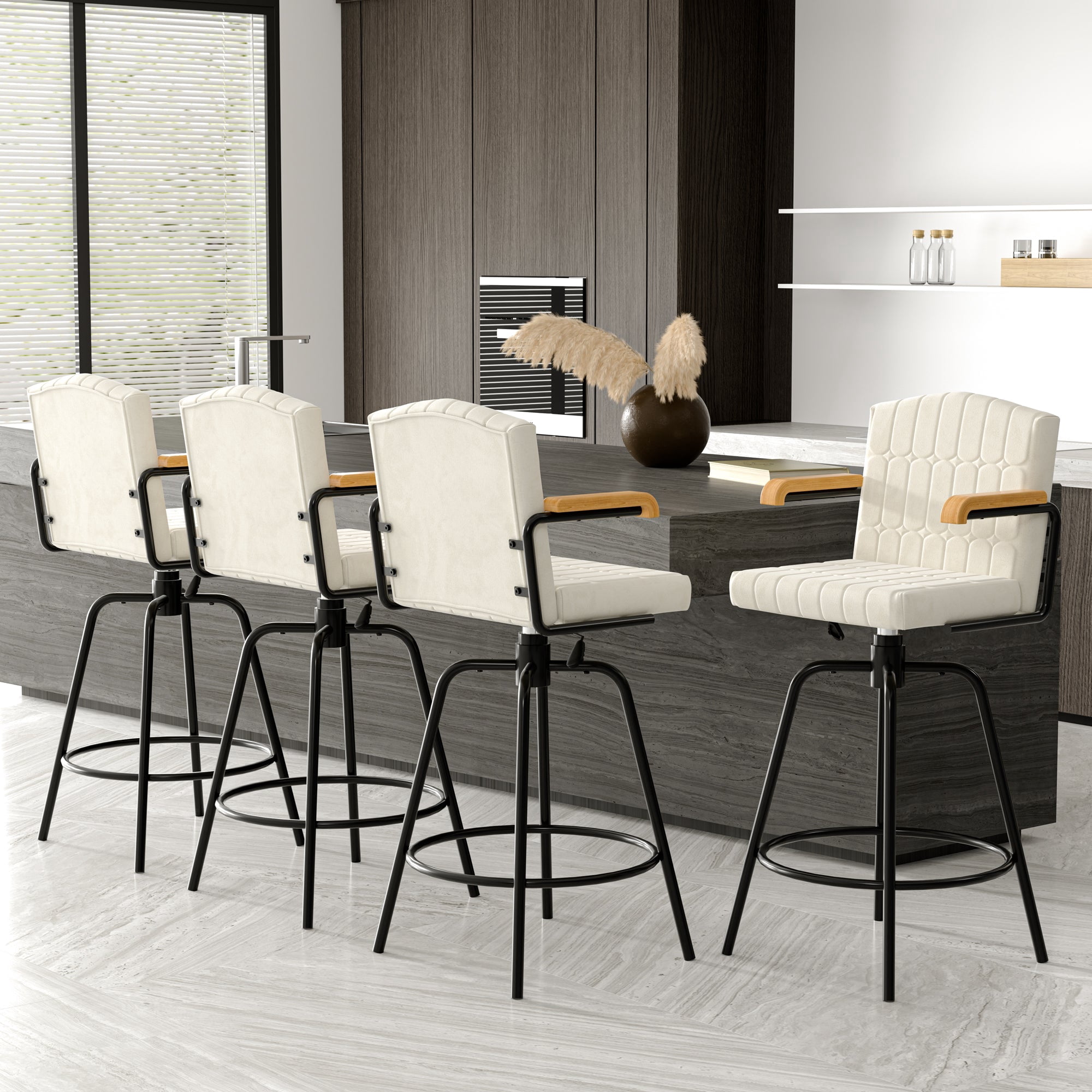 VECELO Swivel Bar Stools Set of 4 with Back and Armrest, Counter Height, Velvet Upholstered Bar Chairs for Kitchen Island & Home, Beige