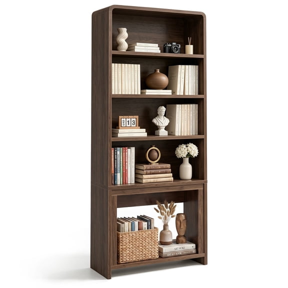 BOSSIN 70 Inch Tall Bookshelf, 5-Tier Open Wood Bookcase with Anti-Tipping Device, Freestanding Display Storage Shelves Organizer for Home Office, Living Room, Bedroom, Walnut Brown