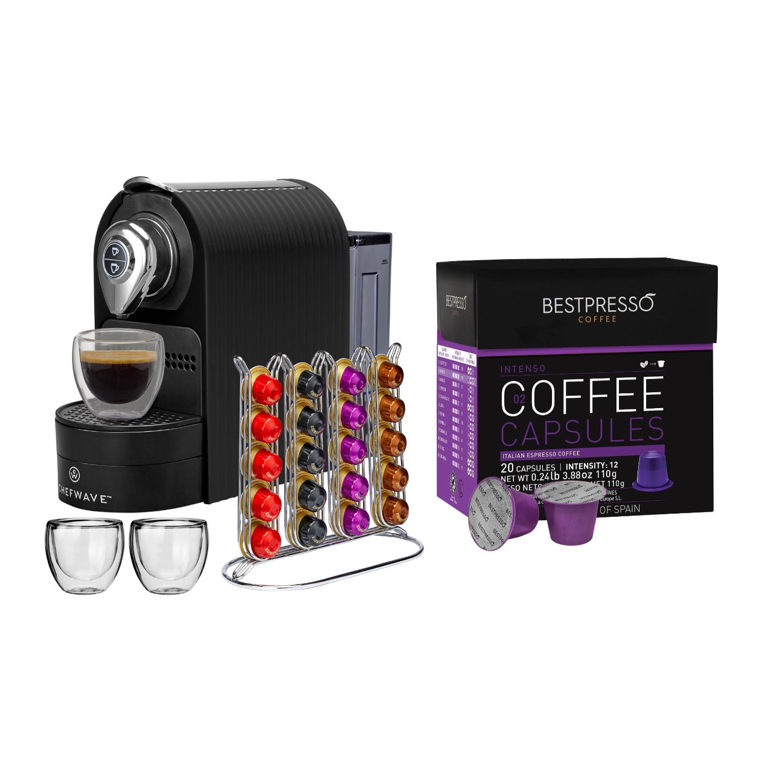 ChefWave Kava Mini Espresso Machine (Black) with Coffee Capsules