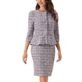 thumbnail image 4 of Conjunto de traje de tweed de 2 piezas para mujer INSPIRE CHIC, chaqueta de botones de manga 3/4 y falda lápiz, color púrpura, talla L, 4 of 6