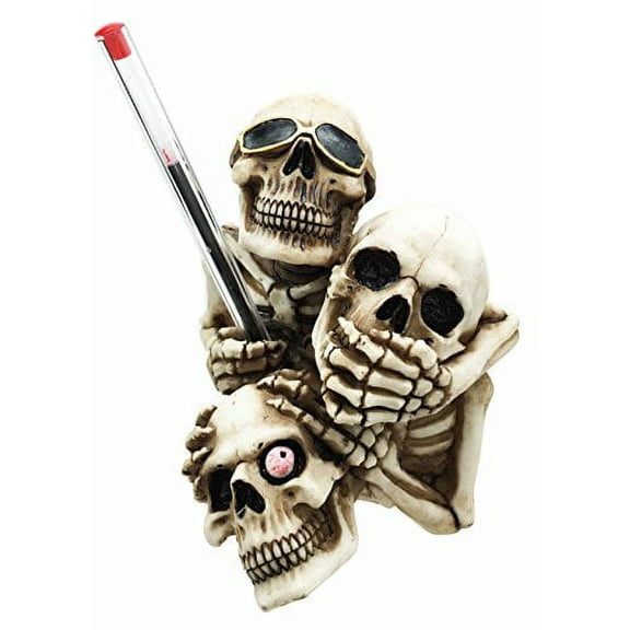 See Hear Speak No Evil Stacked Up Funny Skeletons Skull Figurine Pen Holder Wise Skeletons