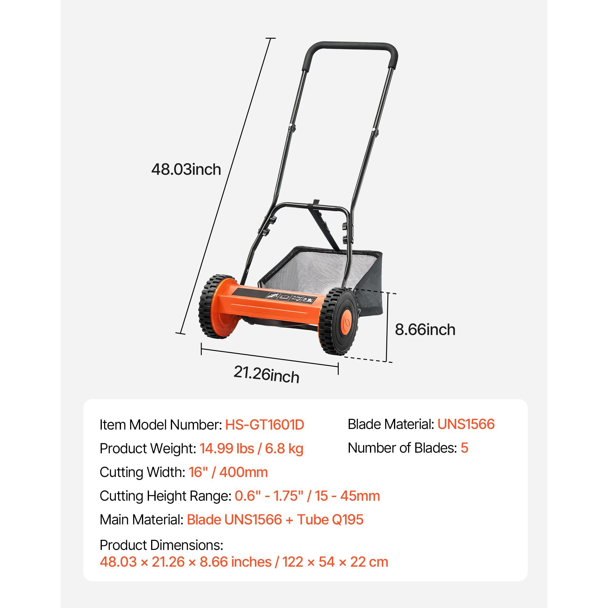 16" Push Reel Lawn Mower, 5 Blades Manual Push Mower No Motor, 0.6-1.75 in Adjustable Cutting Height, Walk-Behind Lawn Mowers with Grass Catcher Bag for Green Lawns, Driveways, Courtyards