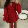 thumbnail image 2 of ZQUUVOU Lace Up Silk Dress for Women Long Sleeve Solid Color V Neck Flared Cuff Asymmetrical Hem Elegant Cocktail Dress Red, 2 of 7