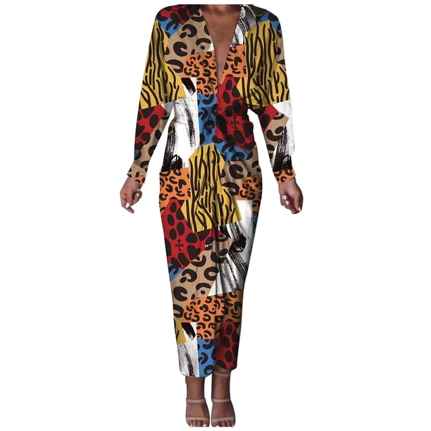Mujeres Sexy Fold Party Girls Fold V-Cuello Manga larga Impresión formal Otoño Maxi Vestidos casuales Fridja nbo3743