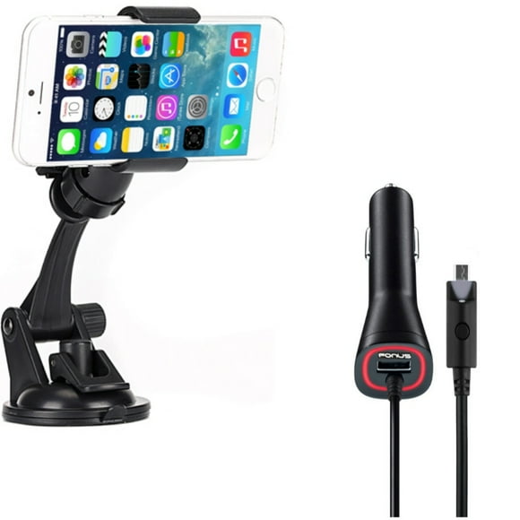 Micro-USB 2.1A Charger w Windshield Dash Car Mount for Motorola Moto G5 PLUS (XT1687) E5 Plus E4 PLUS G6 Play, Droid Turbo 2 - Samsung Galaxy Sky, S7 S6 S5, On5 J7 Sky Pro, V (2017)