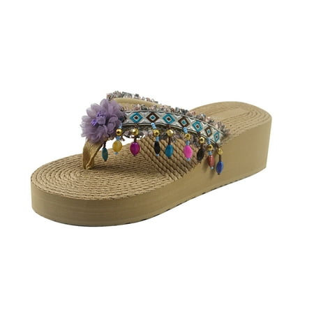 

Fesfesfes Flip Flops for Women Open Toe Flats Sandals Applique and Bead Chain Decor Boho Sandal Casual Dressy Beach Sandals