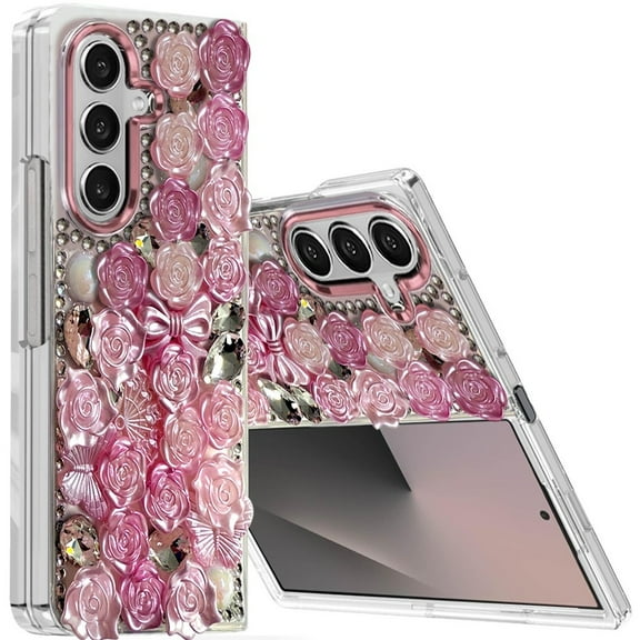 For Samsung Z Fold 7 Muti-Color Floral Bling Stones Ornaments Case - Pink