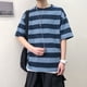 thumbnail image 2 of Camiseta de hombre a rayas, media manga, camiseta suelta, cuello redondo, blusa de algodón, azul, L Kearding AP002500-06, 2 of 7
