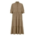 thumbnail image 4 of Women's Dresses Women Summer Fashion Short Sleeve Vent Round-Neck Casual Print Dress Boho Dresses for Women Short Sleeve Khaki L, 4 of 6