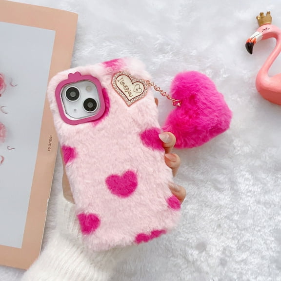 iPhone 15 Pro Max Case 6.7-inch, Cute Girly Soft Warm Faux Fur with Heart Ball Protective Shockproof Case for Girls Women Cover for Apple iPhone 15 Pro Max - Rose Heart
