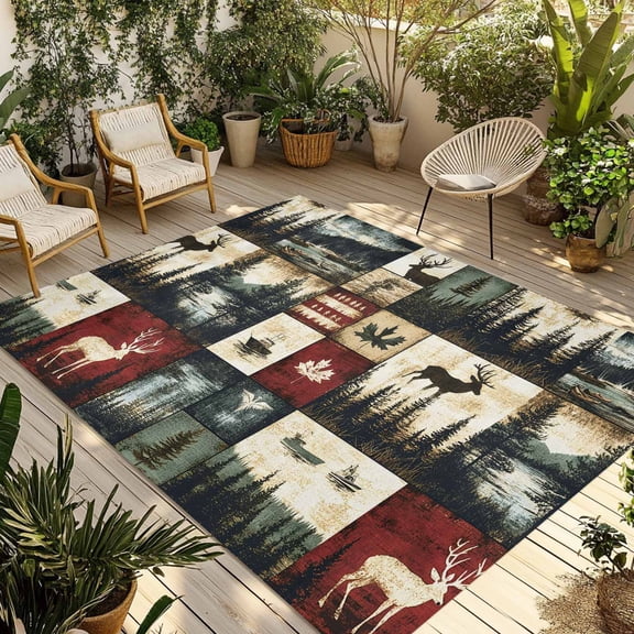 Fsddascl Rustic Forest Outdoor Rug for Patio/Deck/Porch, Non-Slip Large Area Rug 5 x 8 Ft, Reindeer Pine Tree Nautical Boat Retro Indoor Outdoor Rugs Washable Area Rugs, Camping Rug Carpet