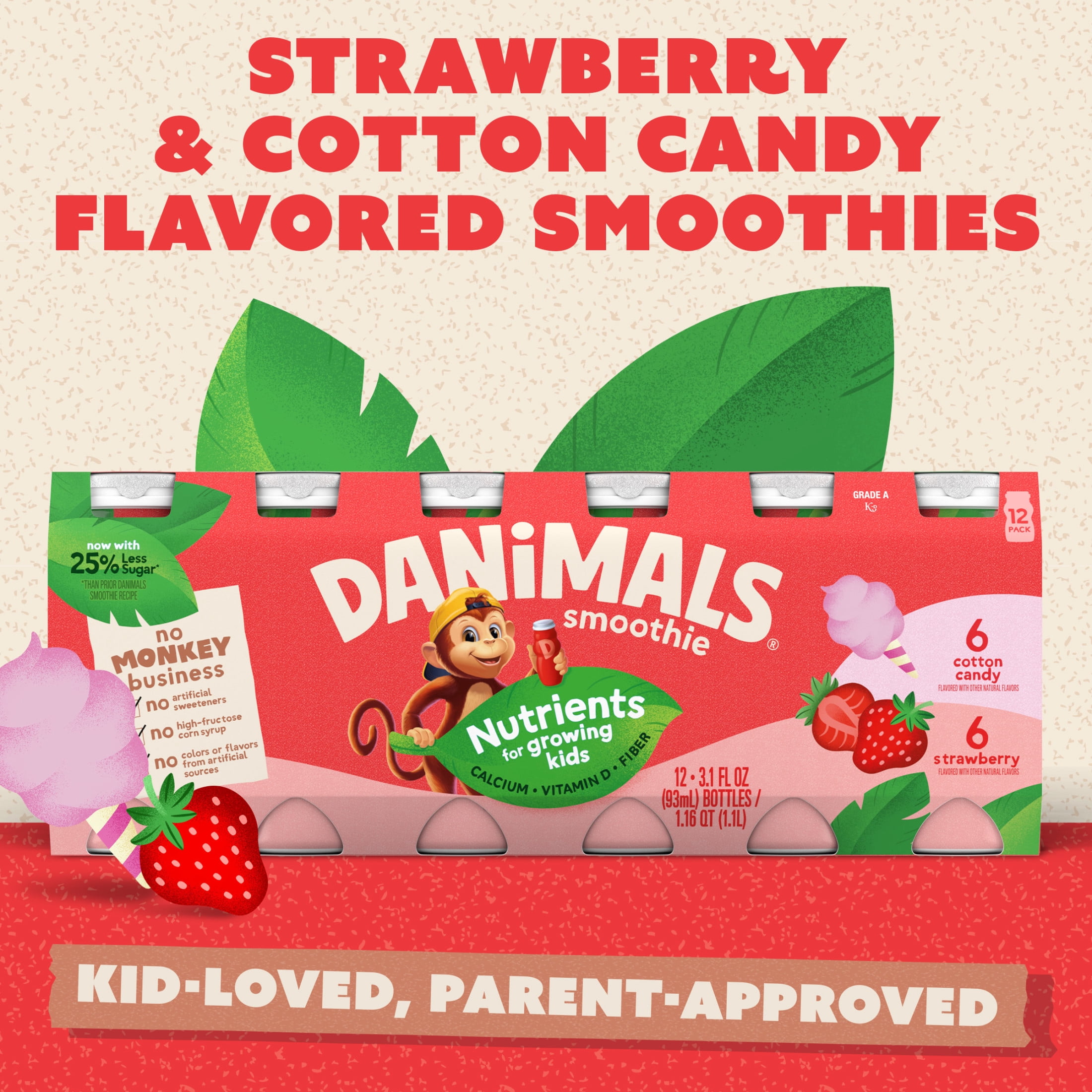Danimals Smoothie Strawberry and Cotton Candy Low Fat Dairy Drink Smoothie Bottles Multi-Pack, 3.1 fl oz, 12 Count​