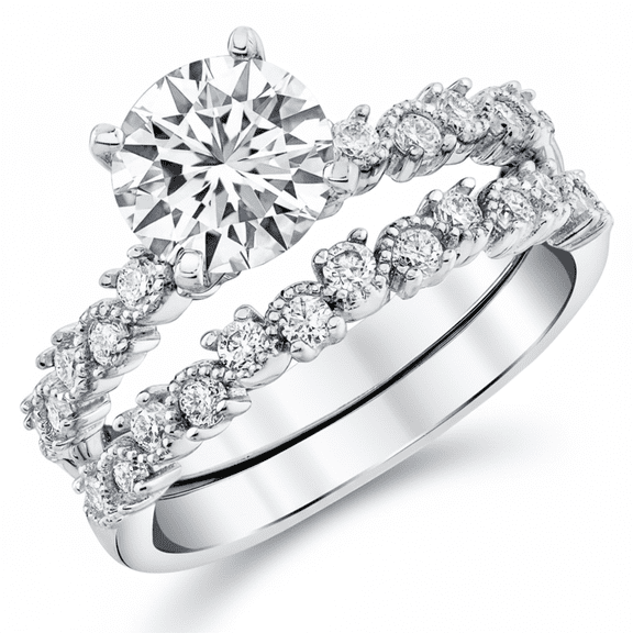Metal Masters Womens 2Ct Round-cut Moissanite Laced Milgrain Bridal Set Engagement Ring 18K White Gold Plated Sterling Silver