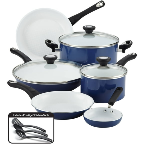 Farberware PURECOOK 12 Pcs Ceramic Nonstick Cookware Set with Cooking Tools, Dishwasher Safe, Blue