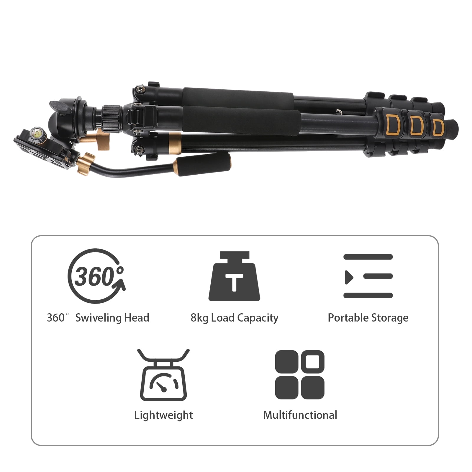 Heavy Duty Photography Tripod, 360° Rotation, 17.64 lbs Max Load, Adjustable Rubber Feet, Aluminum Alloy with Gravity Hook