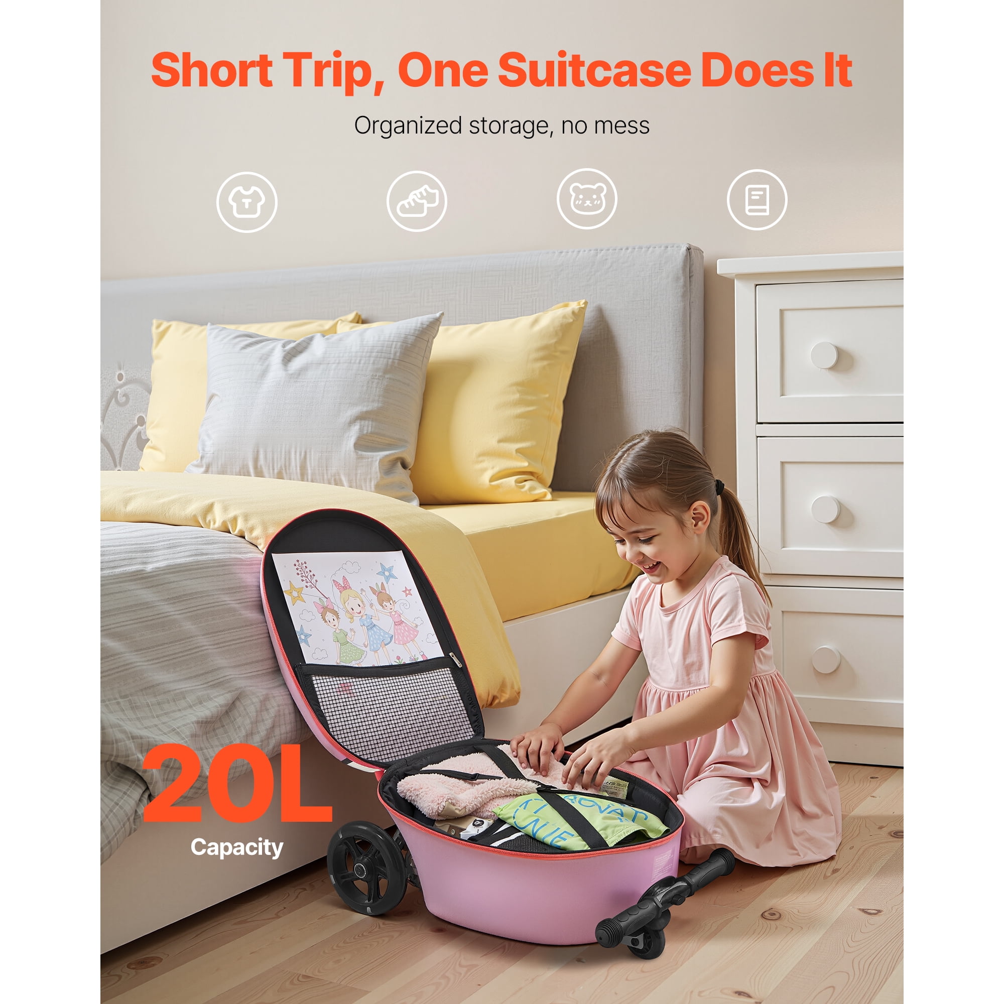 KFFKFF Ride-on Kids Luggage, 20L Capacity, 20-Inch Scooter Suitcase with Flashing PU Wheels, Adjustable Handle & Non-Slip Grip, Foldable and Lightweight Travel Companion for Children Aged 5+, Purple