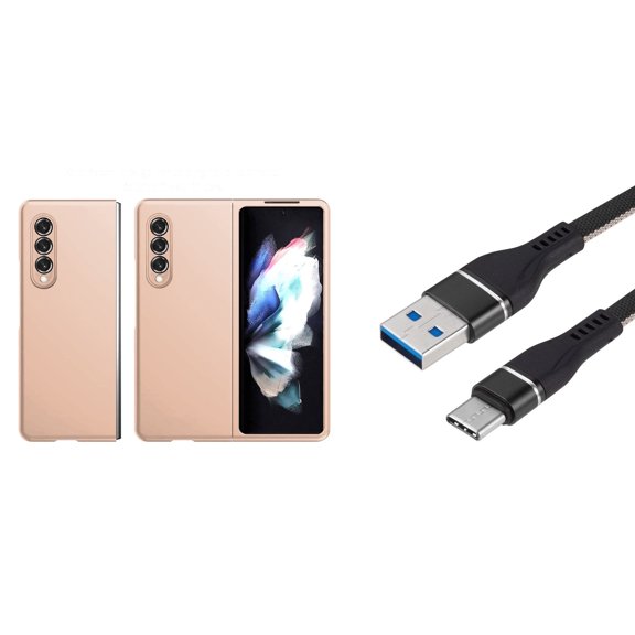 Bemz Galaxy Z Fold 3 5G Premium Bundle: Slim Rubberized Matte Snap On Case (Rose Gold Pink), Nylon Braided USB-C to USB-A Cable (3 Feet)