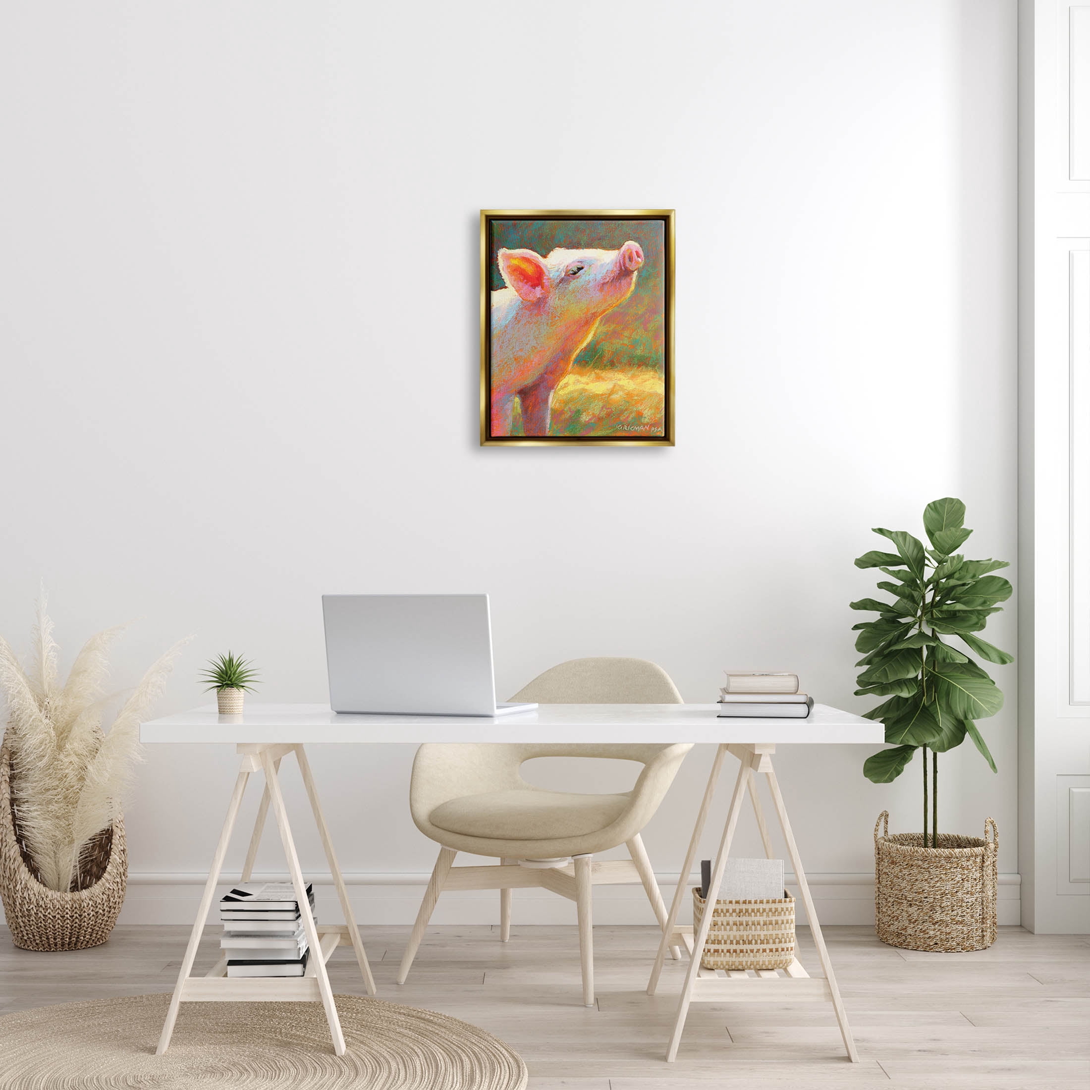 Happy Pink Pig Sunny Farm Animals & Insects Painting Metallic Gold Framed Art Print Wall Art