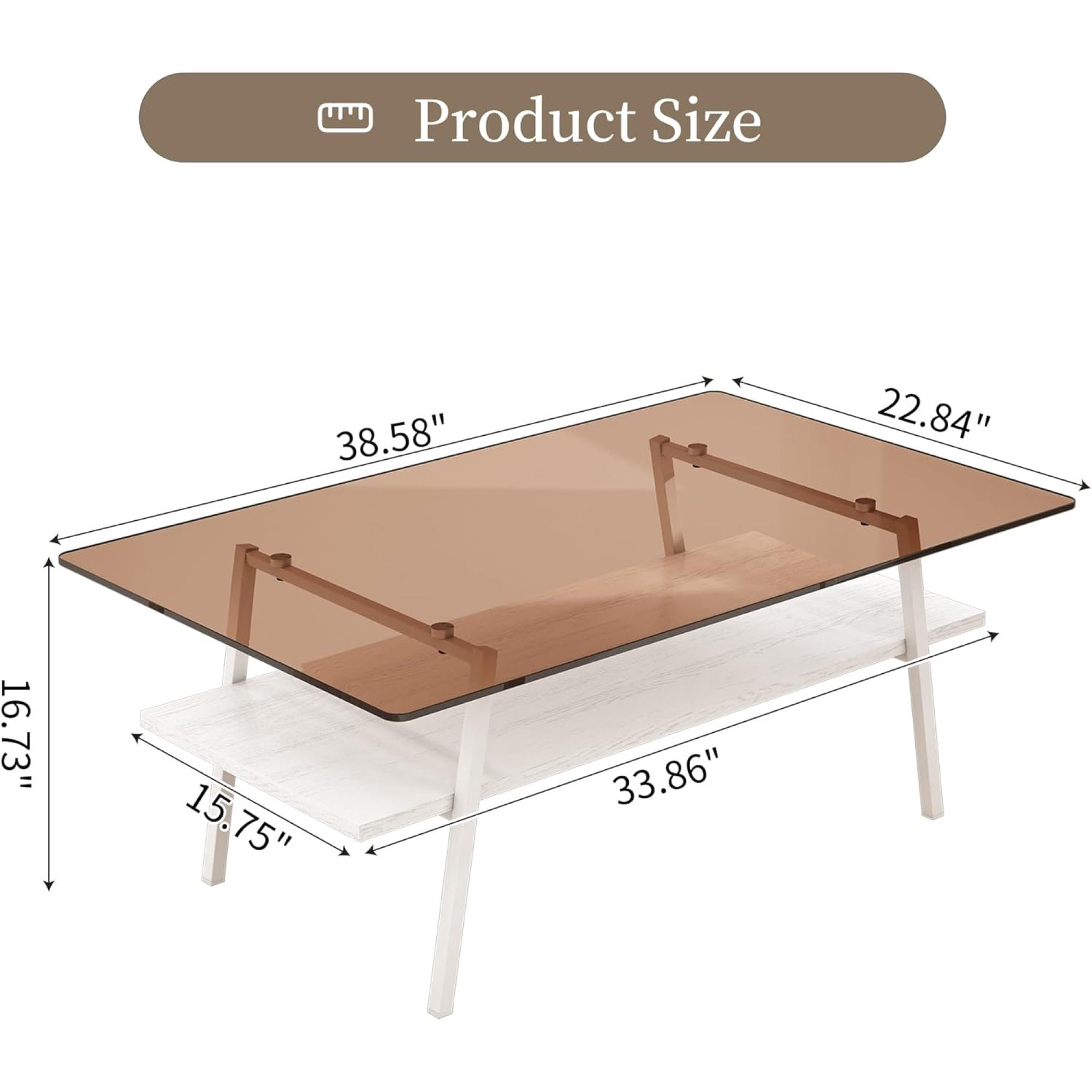 BJSN Glass Coffee Table for Living Room Small Gold Mid Century Coffee Table for Living Room with Wood Shelves (Black Frame, Transparent Glass   Brown Wood),Brown Glass   White Wood