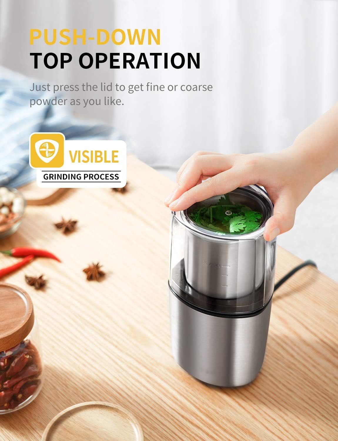 GDOR Coffee Grinder Electric Herb/Wet Grinder for Spices and Seeds with 2 Removable Stainless Steel Bowls, Silver
