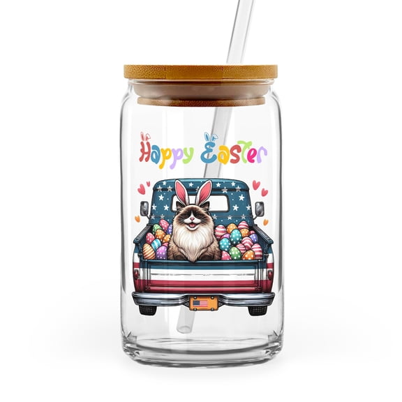 Happy Easter Ragdoll American Flag Truck Bunny Ears 16oz Glass Cup Mug Cat Lover Kitten Owner Gifts Idea Glass Can with Bamboo Lid and Straw - 03001