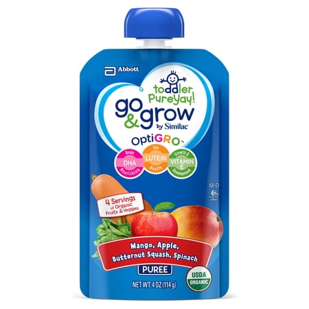 Go & Grow by Similac Fruit and Veggie Pouches with OptiGRO™, Mango, Apple, Butternut Squash, Spinach Puree, For Toddlers, Organic Baby Food, 4 ounces