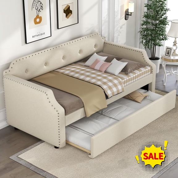 Tcbosik Twin Size Upholstered Daybed with Trundle, Modern Linen Fabric Sofa Bed w/Tufted Button Design, Bed Frame for Living Room Guest Room Bedroom, Wood Slats Support, No Box Spring Needed, Beige