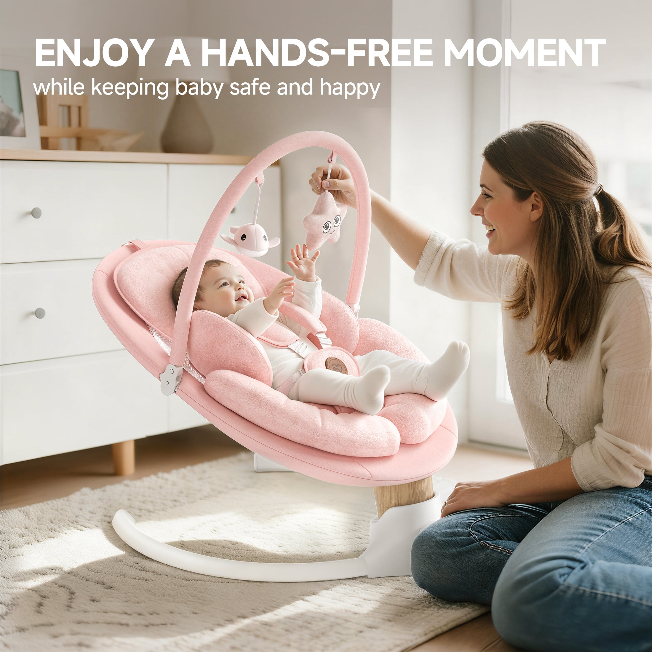 Babyomi portable baby swings for infants to toddler, Electric Swing with Music Speaker, 3 Seat Positions , 5 Speeds, and Remote Control - Infant Swing for Indoor and Outdoor, Pink