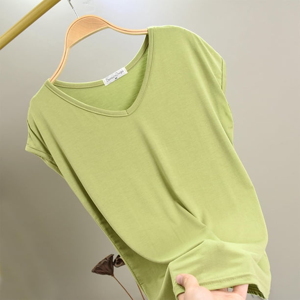 Pijama de manga corta para mujer, color liso, manga corta, camiseta fina con cuello en V, pijama de manga corta, blusa de poliéster para mujer