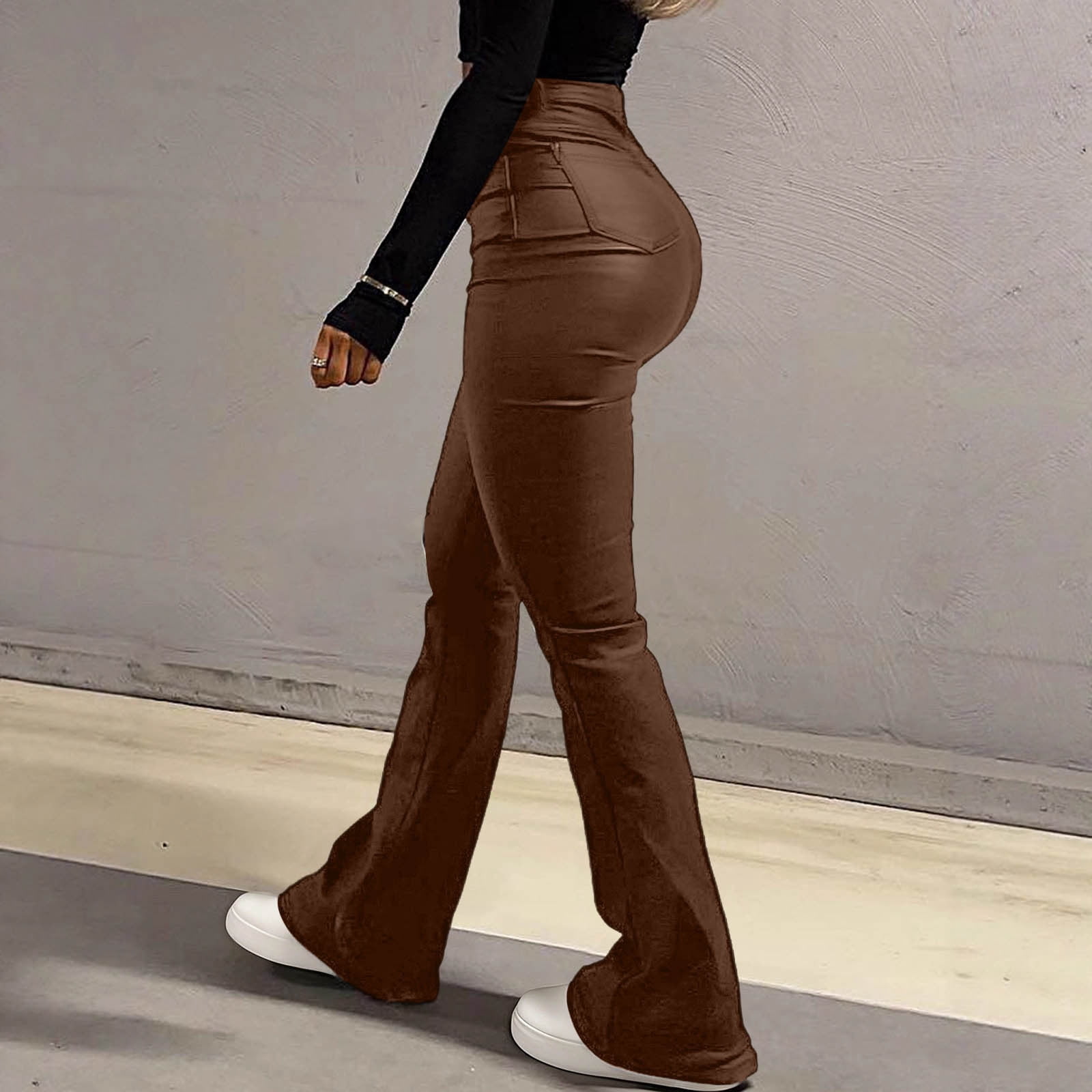 QUNYINEY Faux Leather Compression Leggings for Women Brown Casual Tummy Control Jegging with Pockets Skinny Flare Leggings